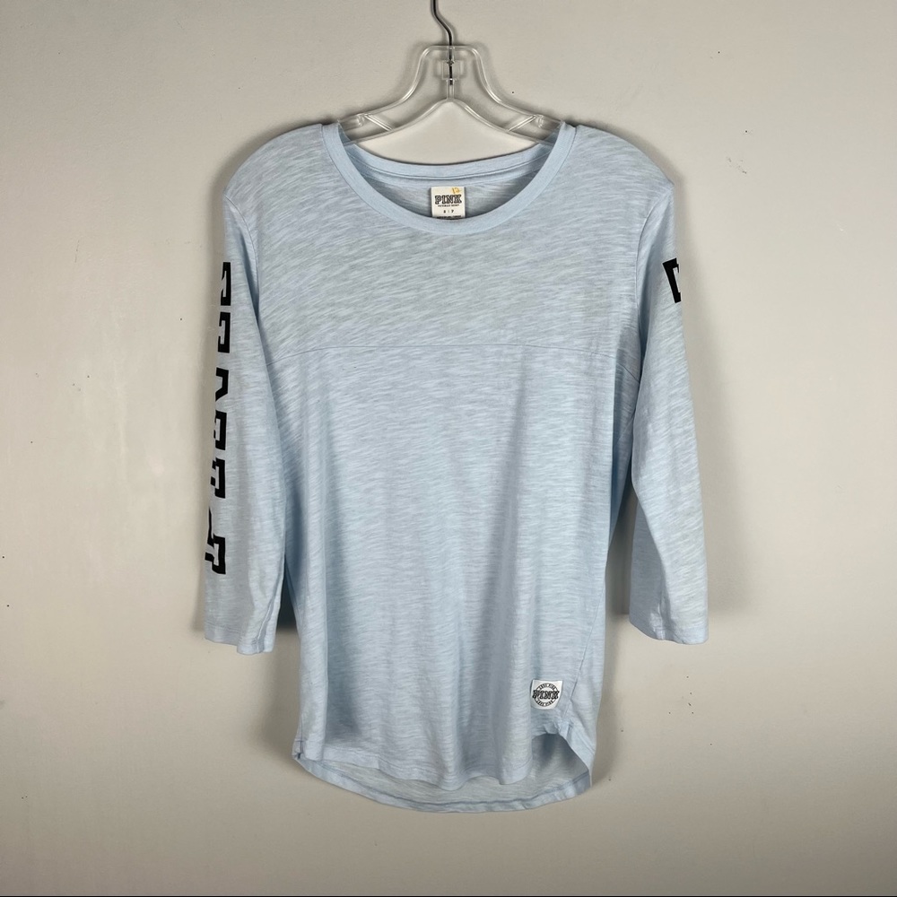 PINK VS Light Pastel Blue 3/4 Sleeve Varsity Fit Campus T-Shirt - Picture 5 of 5